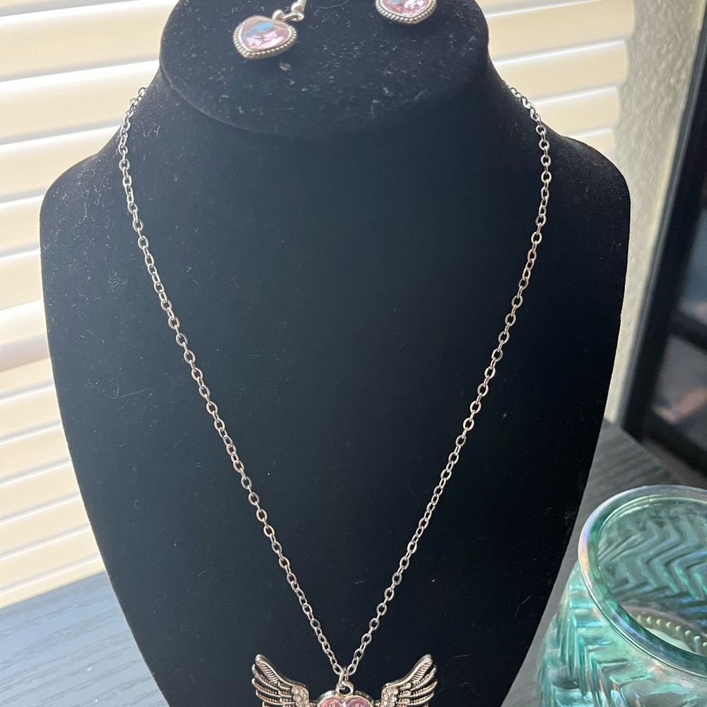 Elegant Silver and Pink Winged Heart Necklace and Earring Set